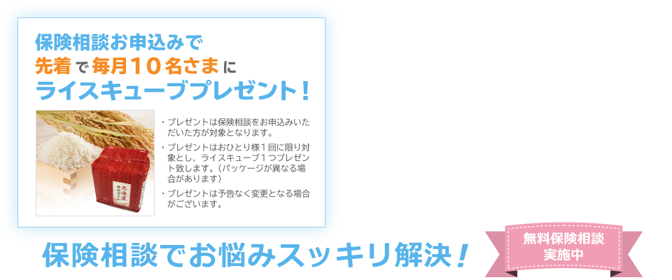 保険相談お申込みでライスキューブプレゼント！保険相談でお悩みスッキリ解決！無料保険相談実施中