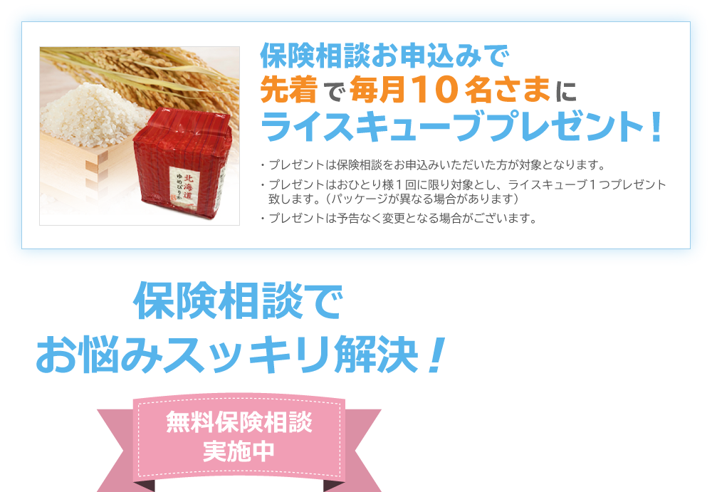 保険相談お申込みでライスキューブプレゼント！保険相談でお悩みスッキリ解決！無料保険相談実施中